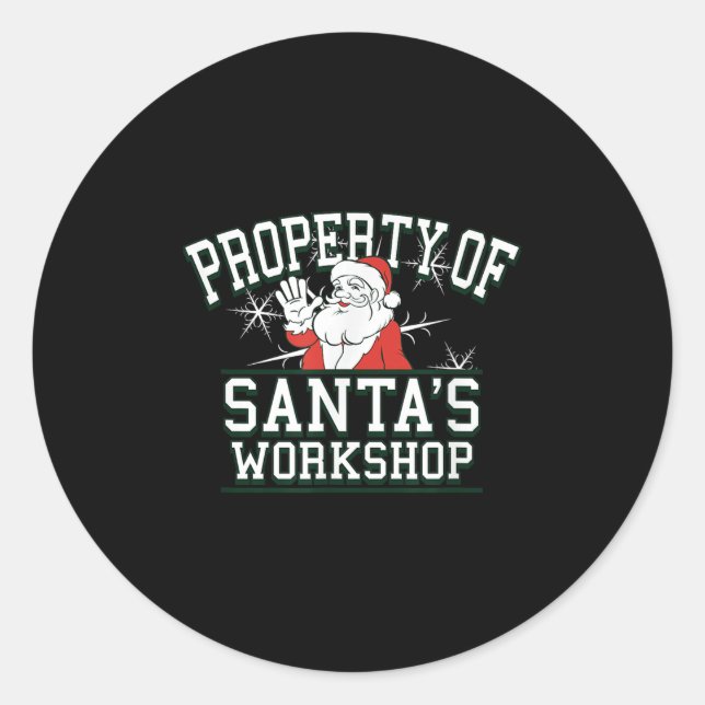 Pegatina Redonda Property Of Santa's Workshop Funny Christmas  (Anverso)
