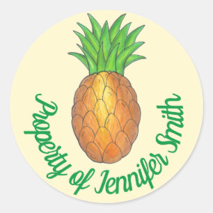 Pegatina Redonda PROPIEDAD DE Fruta de la piña tropical personaliza