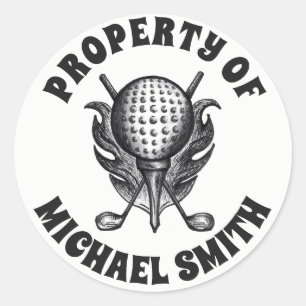Pegatina Redonda PROPIEDAD DE Golf Ball Tee Clubs Personalizados