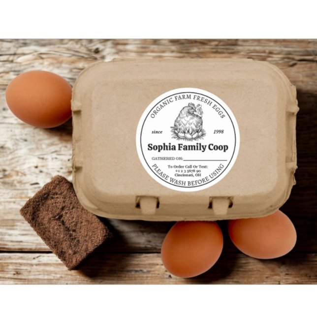 Pegatina Redonda Propietario de la Coop de Pollo Personalizado Nomb (personalized farm coop owner name with adding date eggs business sticker)