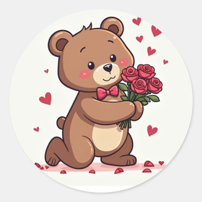 Pegatina Redonda Propuesta de oso romántico kawaii con Rosas y cora (Anverso)