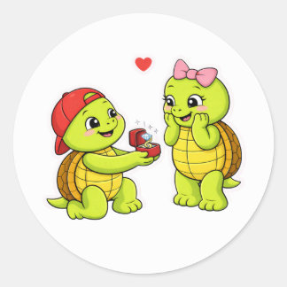 Pegatina Redonda Propuesta de tortuga con anillo de compromiso