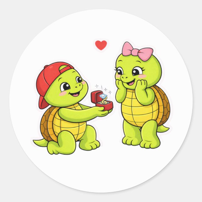 Pegatina Redonda Propuesta de tortuga con anillo de compromiso (Anverso)