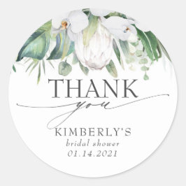 Pegatina Redonda Protea Rey Blanco Elegante Agradecimiento Tropical