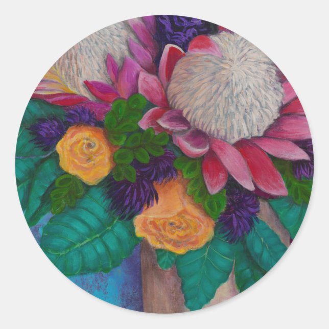 Pegatina Redonda Proteas gigantes y Rosas Naranjas (Anverso)