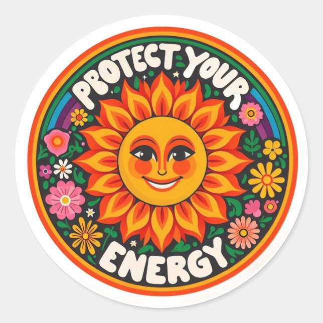 Pegatina Redonda Protect Your Energy Sticker - Retro 70s Groovy Sun (Anverso)