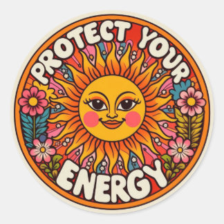 Pegatina Redonda Protect Your Energy Sticker - Retro 70s Sun & Flow