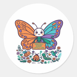 Pegatina Redonda Proteger Cada Pequeña Vida Mariposa