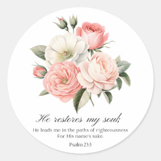 Pegatina Redonda Psalm 23:3 He Restores my Soul Flowers