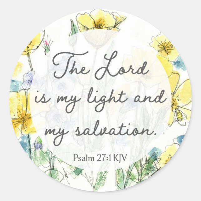 Pegatina Redonda Psalm 27:1 Scripture Buttercups Light Salvation (Anverso)