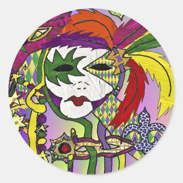Pegatina Redonda Psicodelic Mardi Gras Feather Mask Gifts Appartal (Anverso)