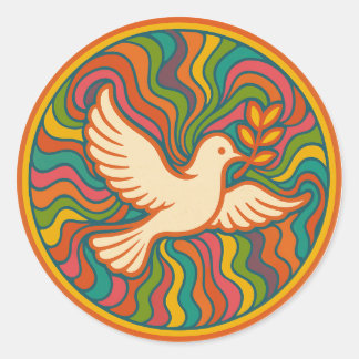 Pegatina Redonda Psychedelic Peace Dove Retro 70s Colorful Groovy 