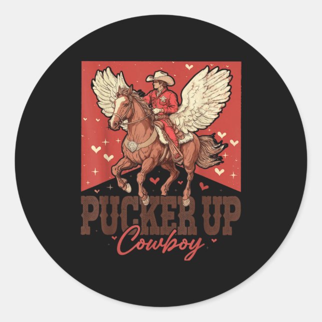 Pegatina Redonda Pucker Up Cowboy Funny Western Valentines  (Anverso)