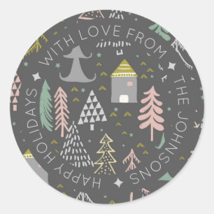 Pegatina Redonda Pueblo navideño escandinavo personalizado Doodle