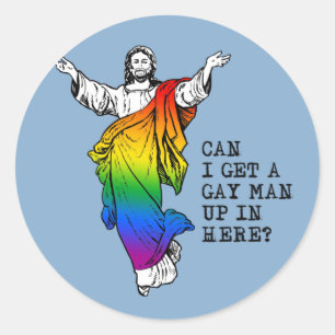 Pegatina Redonda ¿Puedo conseguir una camiseta de hombre gay aquí?
