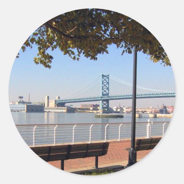 Pegatina Redonda Puente Camden NJ (Anverso)