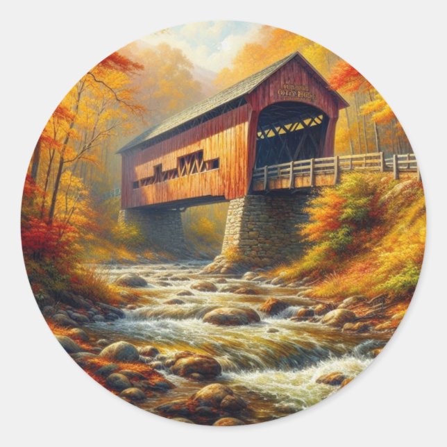 Pegatina Redonda puente clásico cubierto de otoño (Anverso)