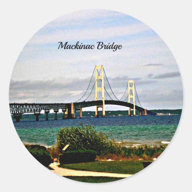Pegatina Redonda Puente Mackinac, Isla Mackinac, (Anverso)