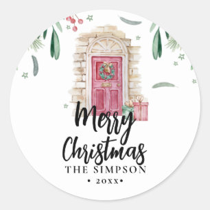 Pegatina Redonda Puerta de acuarela de guión moderno Feliz Navidad