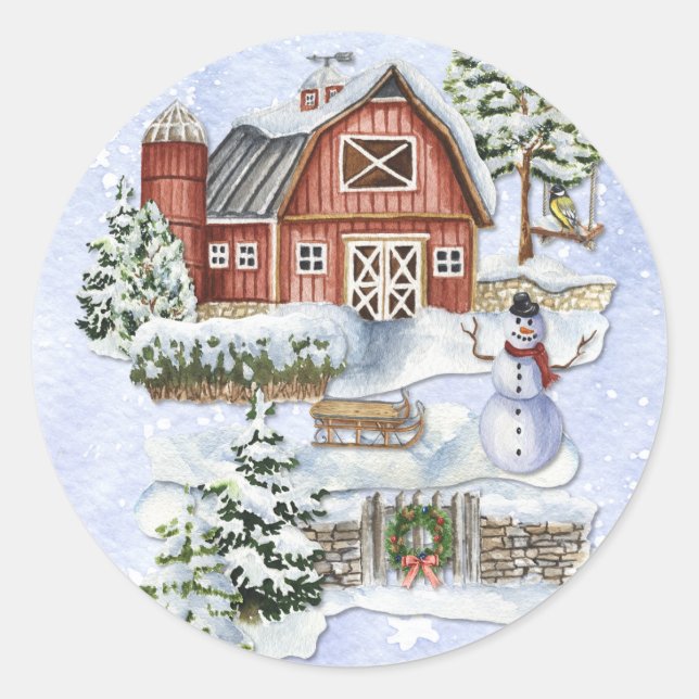 Pegatina Redonda Puerta de Piedra de Barn de Acuarela (Anverso)