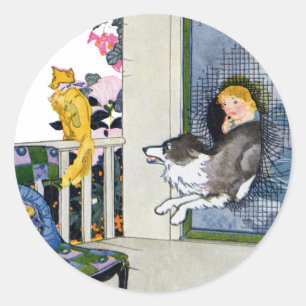 Pegatina Redonda Puertas de pantalla de bustos de perro para recibi