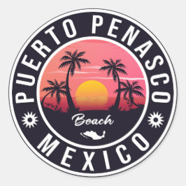 Pegatina Redonda Puerto Peñasco México Playa Retro Sunset 60
