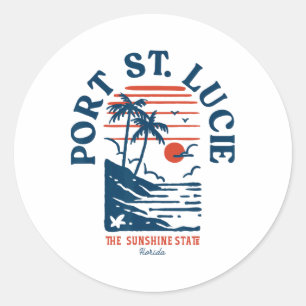 Pegatina Redonda Puerto St. Lucie Florida Retro Surfista Playa Vint