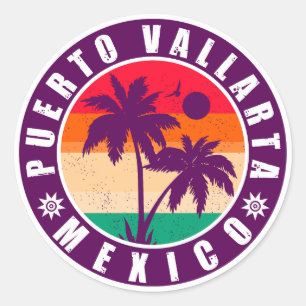 Pegatina Redonda Puerto Vallarta Palm Tree Retro Souvenir 80