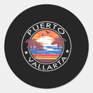 Pegatina Redonda Puerto Vallarta Retro Beach Verano Viaje F