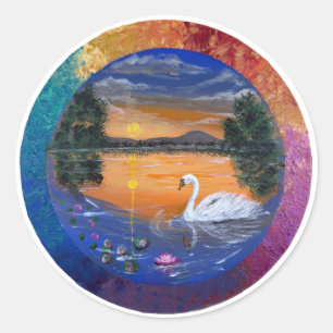 Pegatina Redonda Puesta de sol del cisne dorado - obra de arte hech
