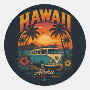 Pegatina Redonda Puesta de sol hawaiana vintage palmeras tabla de s