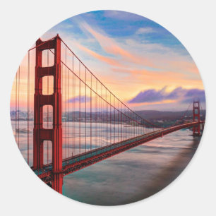 Pegatina Redonda Puesta del sol hermosa del invierno en puente