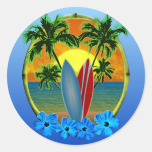 Pegatina Redonda Puesta del sol y tablas hawaianas