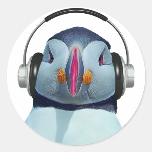 Pegatina Redonda Puffin con auriculares