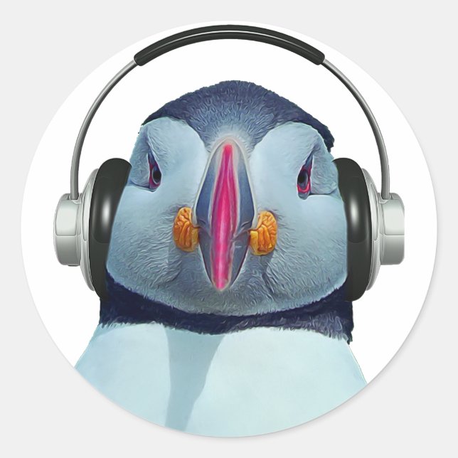 Pegatina Redonda Puffin con auriculares (Anverso)