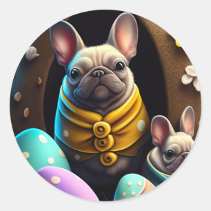 Pegatina Redonda Pug Adorable con Huevos de Pascua Festividad y Cut