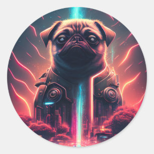 Pegatina Redonda Pug Adorable en traje futurista de robots