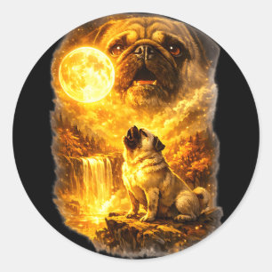 Pegatina Redonda Pug aullando a la luna épico bosque fantasía