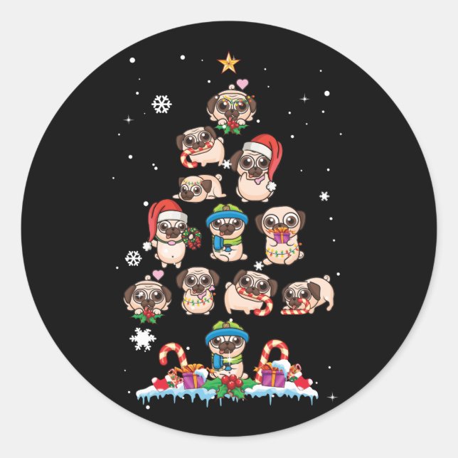 Pegatina Redonda Pug Christmas Tree Dog Santa Merry Pugmas Xmas (Anverso)