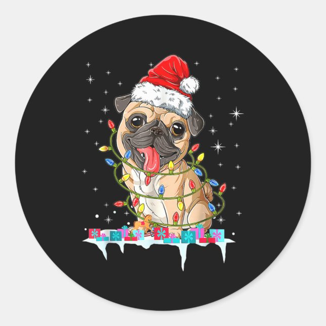 Pegatina Redonda Pug Christmas Tree Lights Santa Dog Xmas  (Anverso)