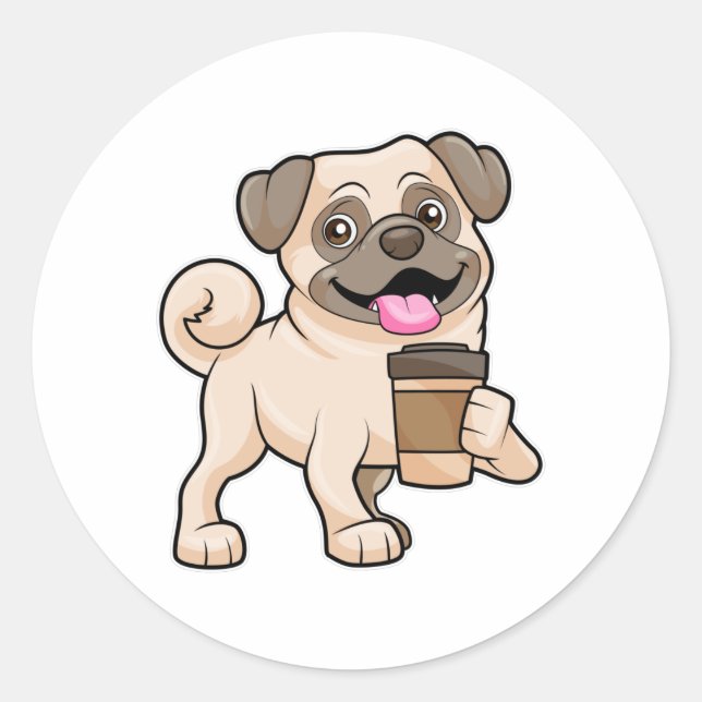 Pegatina Redonda Pug con café para ir (Anverso)
