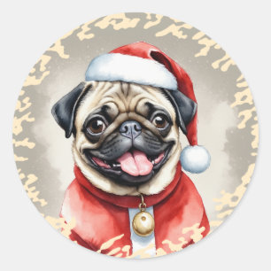 Pegatina Redonda Pug Con El Equipo De Santa Claus - Navidades 1
