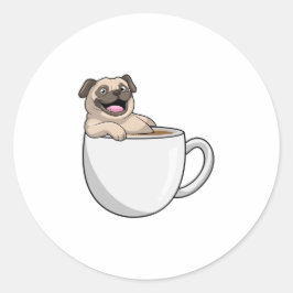 Pegatina Redonda Pug con taza de café