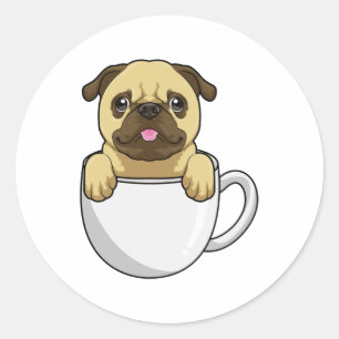 Pegatina Redonda Pug con taza de café