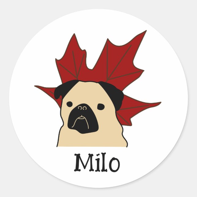 Pegatina Redonda Pug con una hoja grande (Anverso)