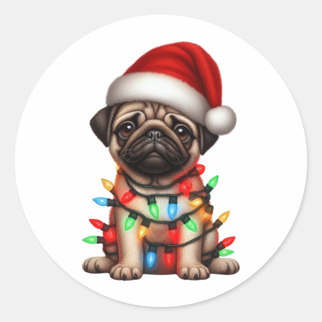Pegatina Redonda Pug de los Navidades de Cute (Anverso)