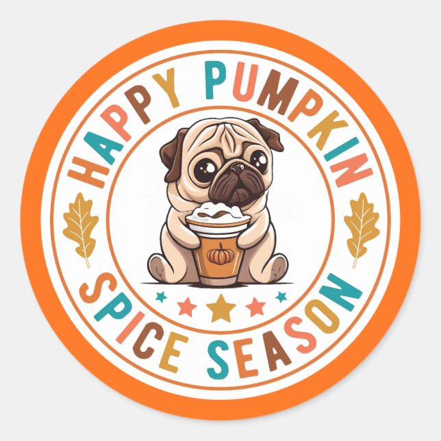 Pegatina Redonda Pug de temporada feliz de calabaza (Anverso)