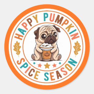 Pegatina Redonda Pug de temporada feliz de calabaza