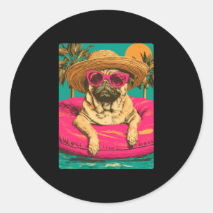 Pegatina Redonda Pug de verano con gafas de sol perro lindo piscina