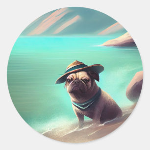Pegatina Redonda Pug disfrutando en la playa pintando arte